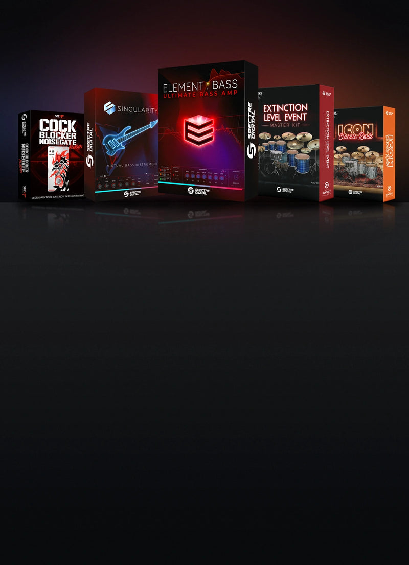 Element Bass, Singularity, Extinction Level Event and Icon Drums Classic Rock plugin art